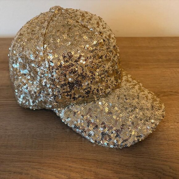 Gold Sequin Baseball Hat Cap w/Wide Brim & Opening in Back for Pony Tail- Unisex - Picture 2 of 4